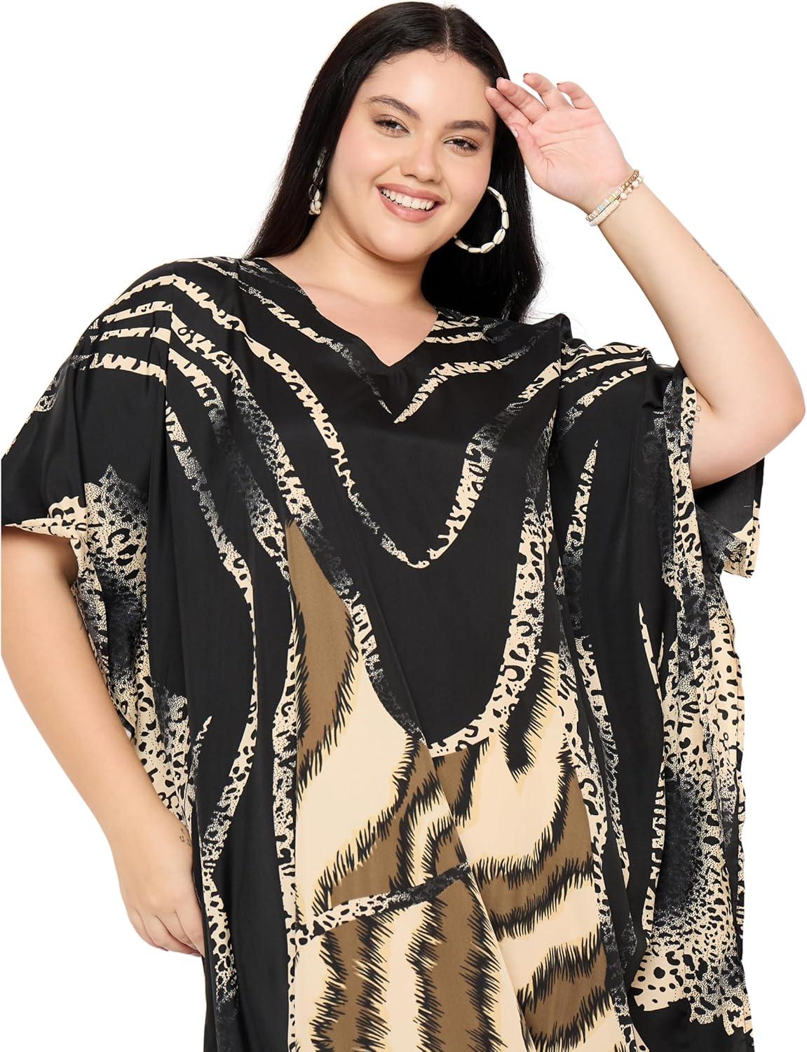 imageWomen Plus Size Caftans Polyester Bathing Suit Cover Up Dubai Kaftan Maxi House Dresses for SummerBlack  Beige Leopard