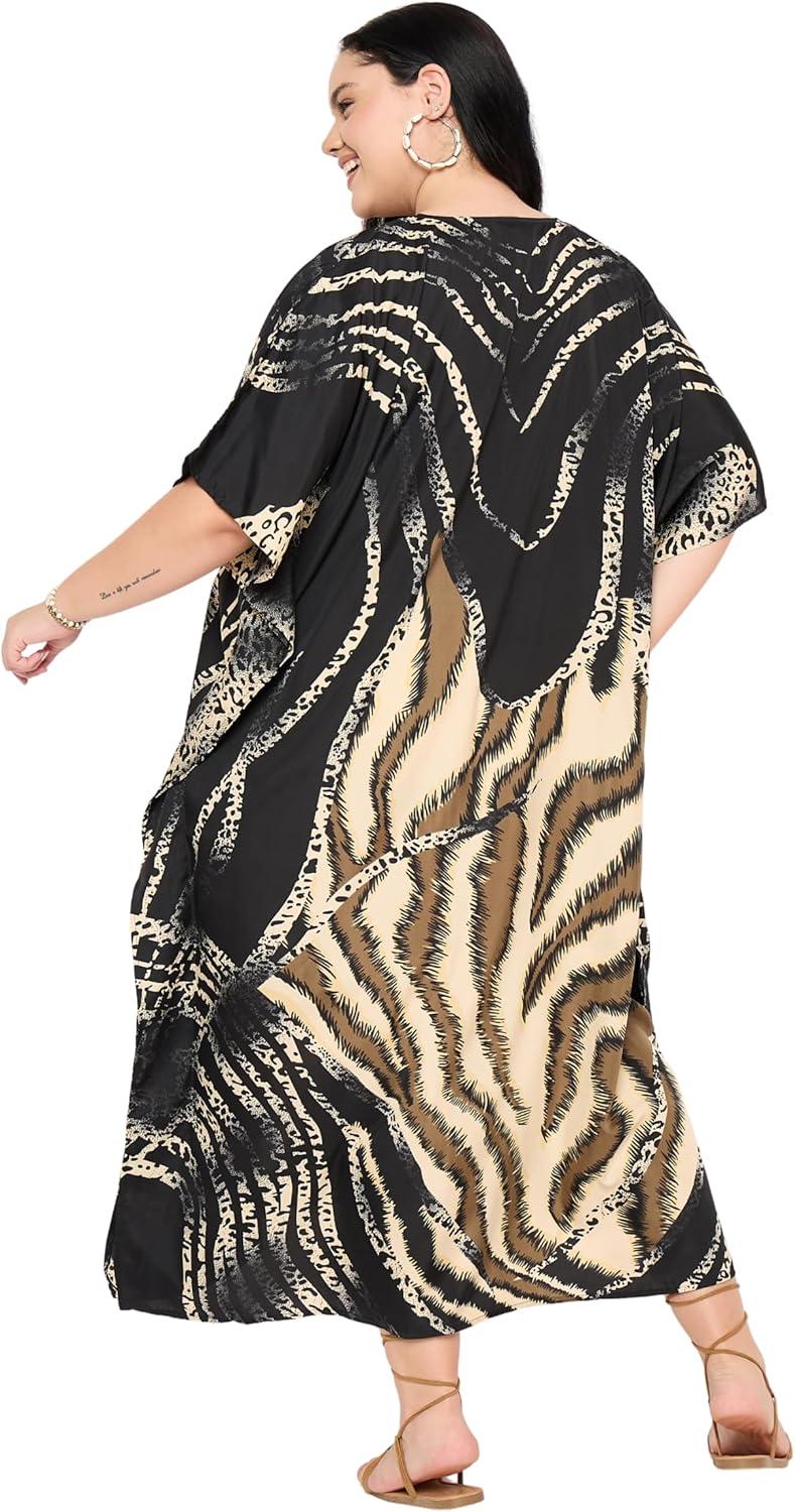 imageWomen Plus Size Caftans Polyester Bathing Suit Cover Up Dubai Kaftan Maxi House Dresses for SummerBlack  Beige Leopard