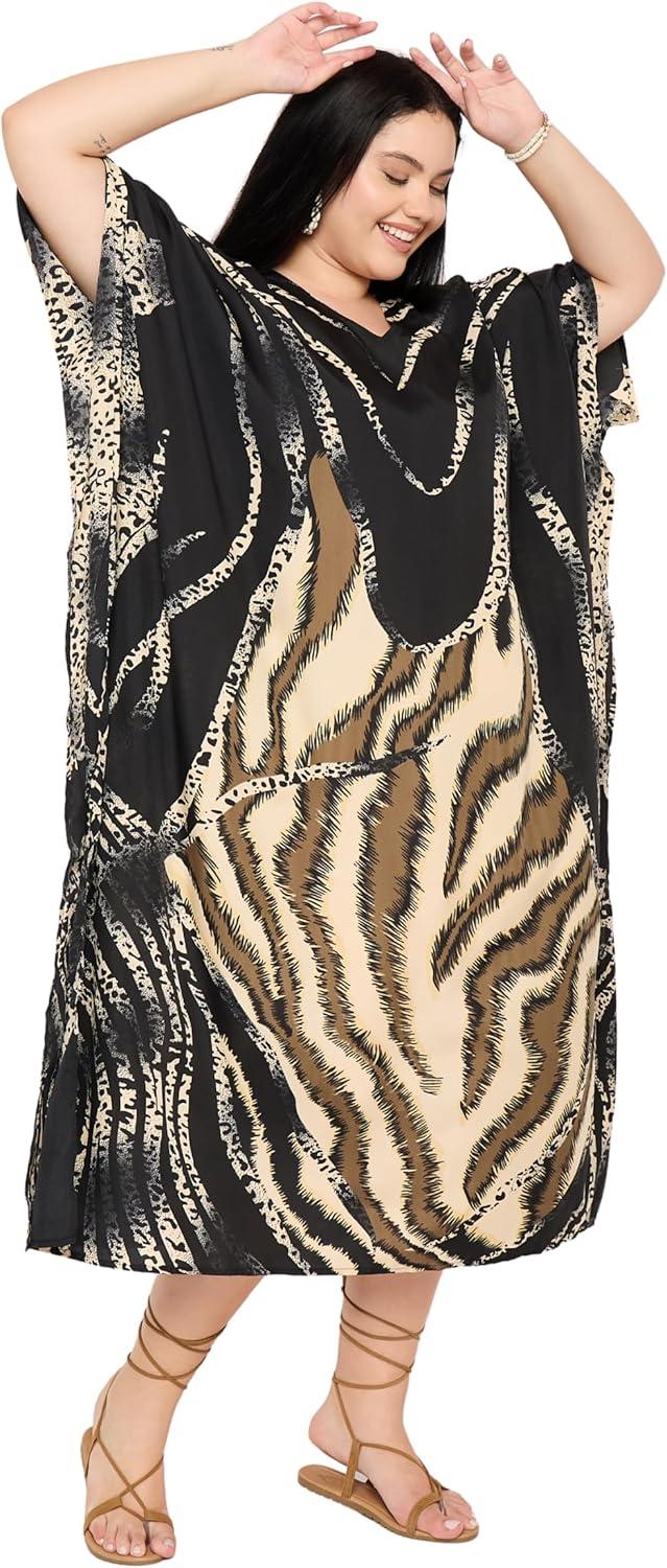 imageWomen Plus Size Caftans Polyester Bathing Suit Cover Up Dubai Kaftan Maxi House Dresses for SummerBlack  Beige Leopard