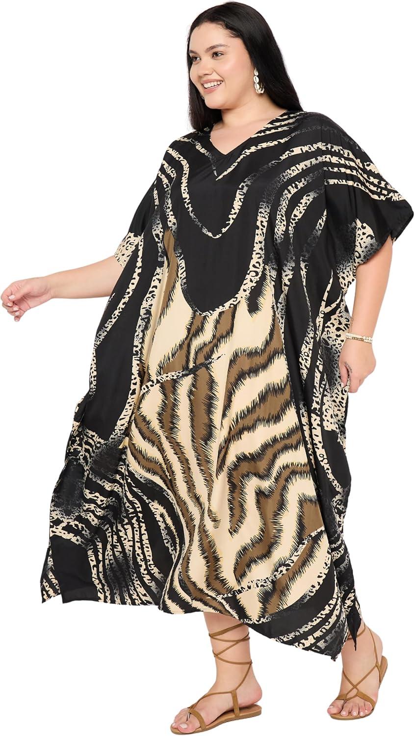 imageWomen Plus Size Caftans Polyester Bathing Suit Cover Up Dubai Kaftan Maxi House Dresses for SummerBlack  Beige Leopard