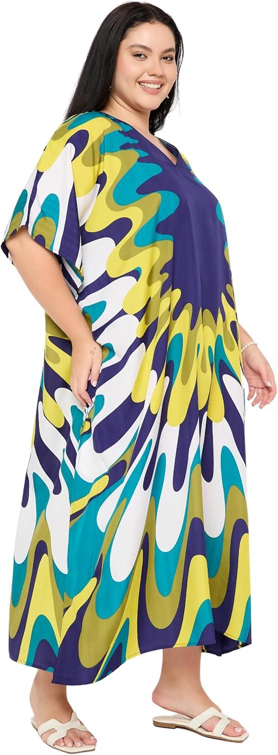imageWomen Plus Size Caftans Polyester Bathing Suit Cover Up Dubai Kaftan Maxi House Dresses for SummerBlue  White