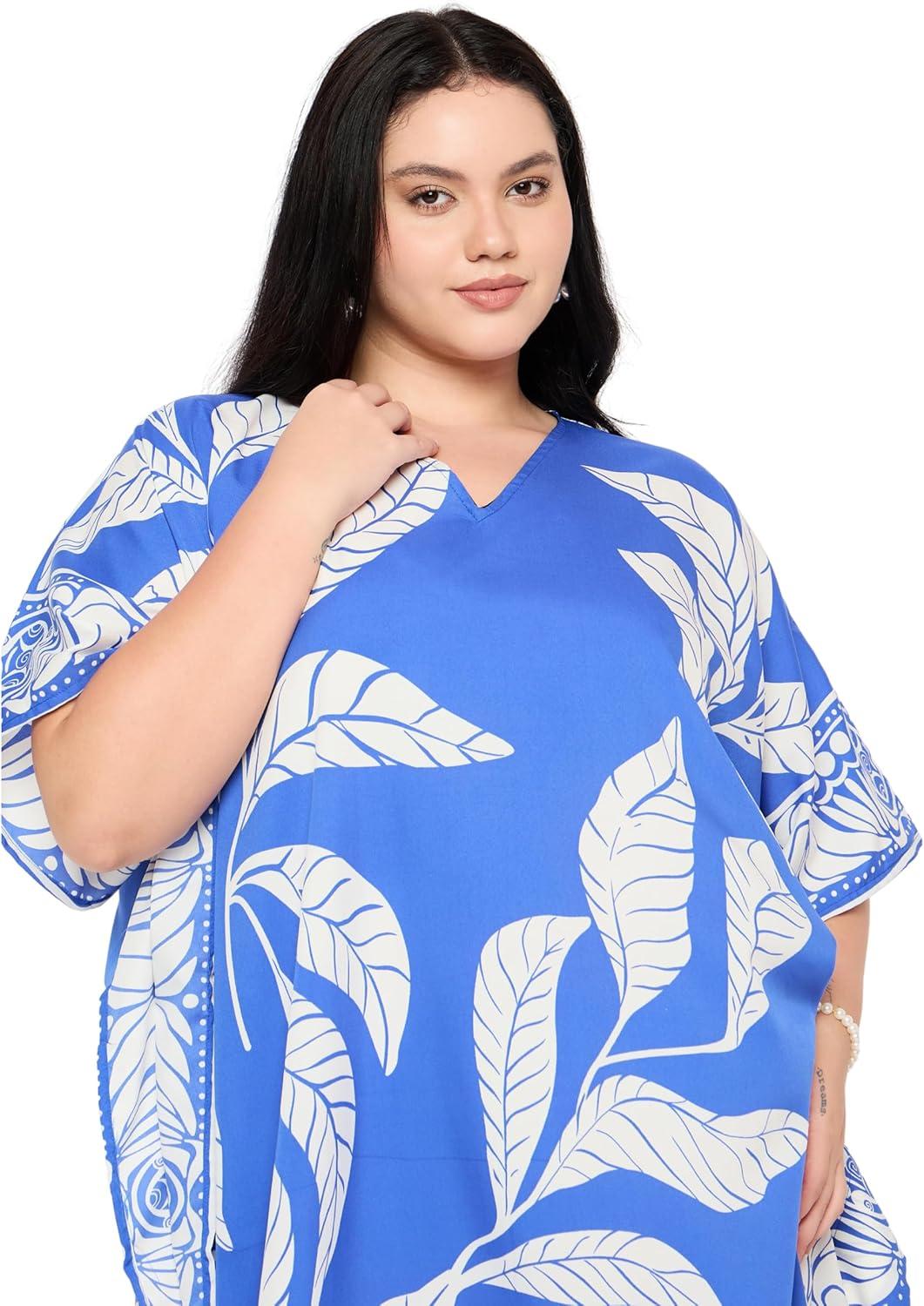 imageWomen Plus Size Caftans Polyester Bathing Suit Cover Up Dubai Kaftan Maxi House Dresses for SummerBlue