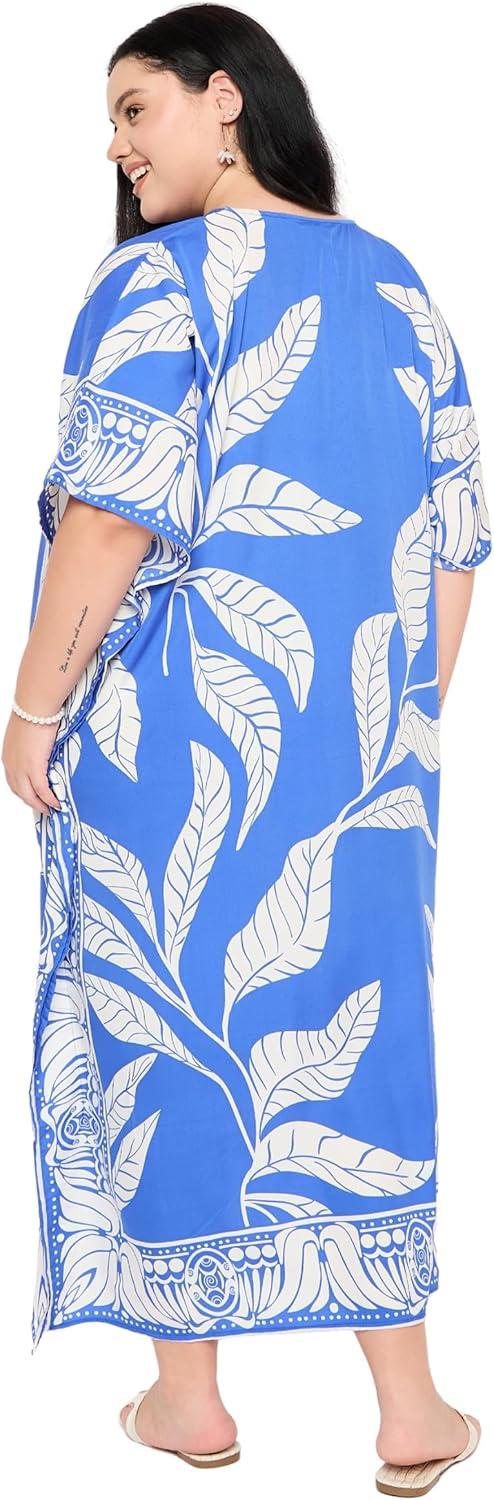 imageWomen Plus Size Caftans Polyester Bathing Suit Cover Up Dubai Kaftan Maxi House Dresses for SummerBlue