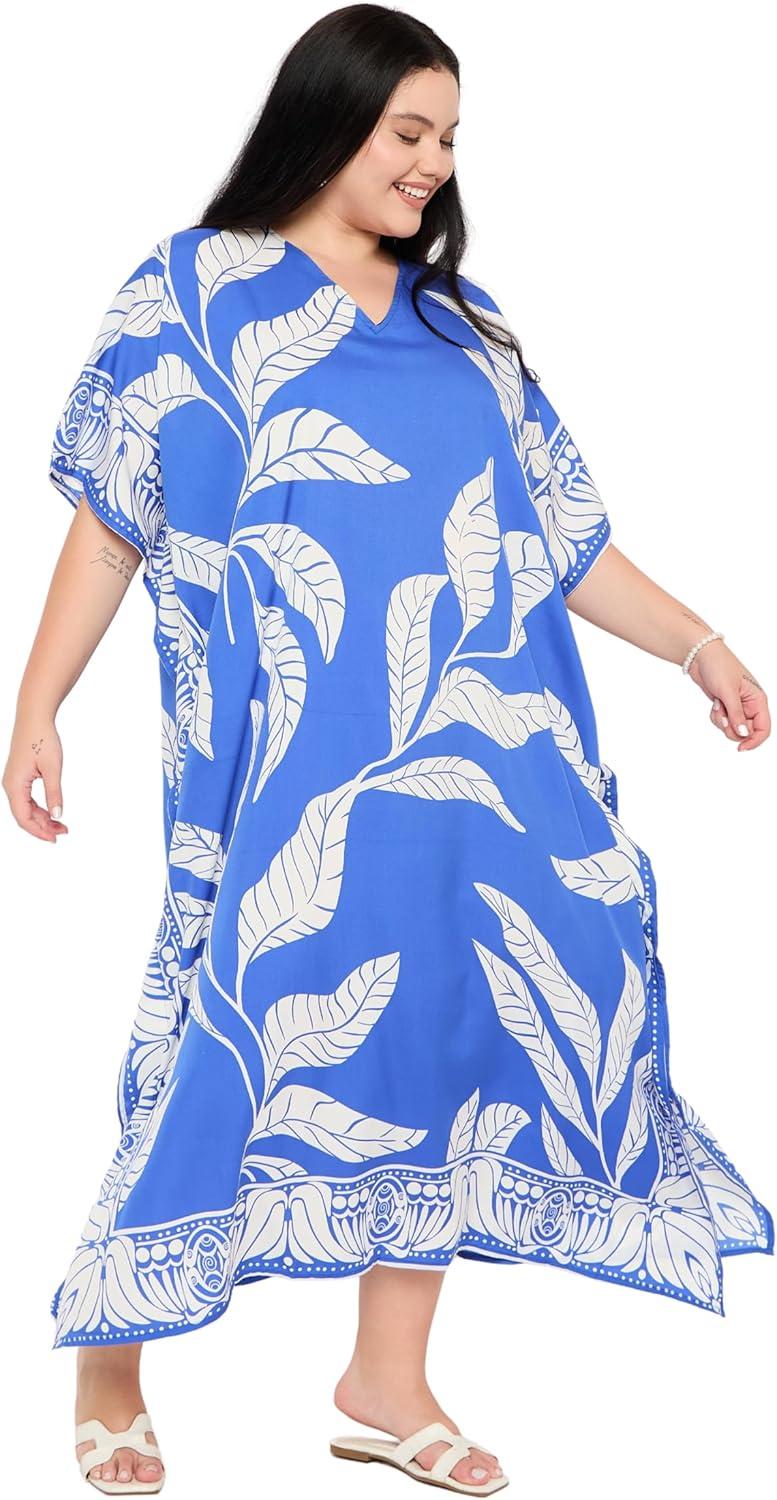 imageWomen Plus Size Caftans Polyester Bathing Suit Cover Up Dubai Kaftan Maxi House Dresses for SummerBlue
