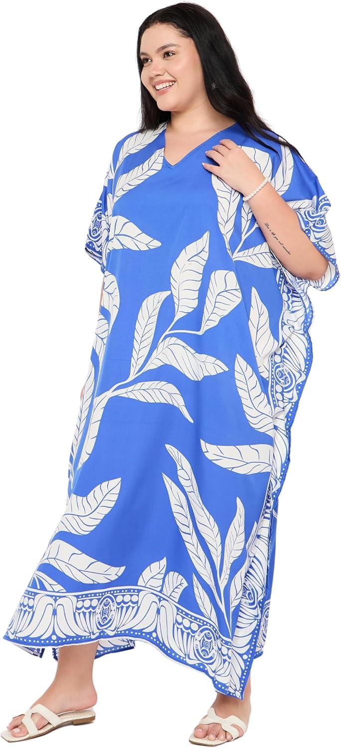 imageWomen Plus Size Caftans Polyester Bathing Suit Cover Up Dubai Kaftan Maxi House Dresses for SummerBlue