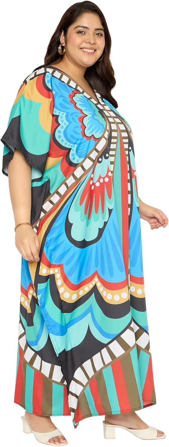 imageWomen Plus Size Caftans Polyester Bathing Suit Cover Up Dubai Kaftan Maxi House Dresses for SummerCyan