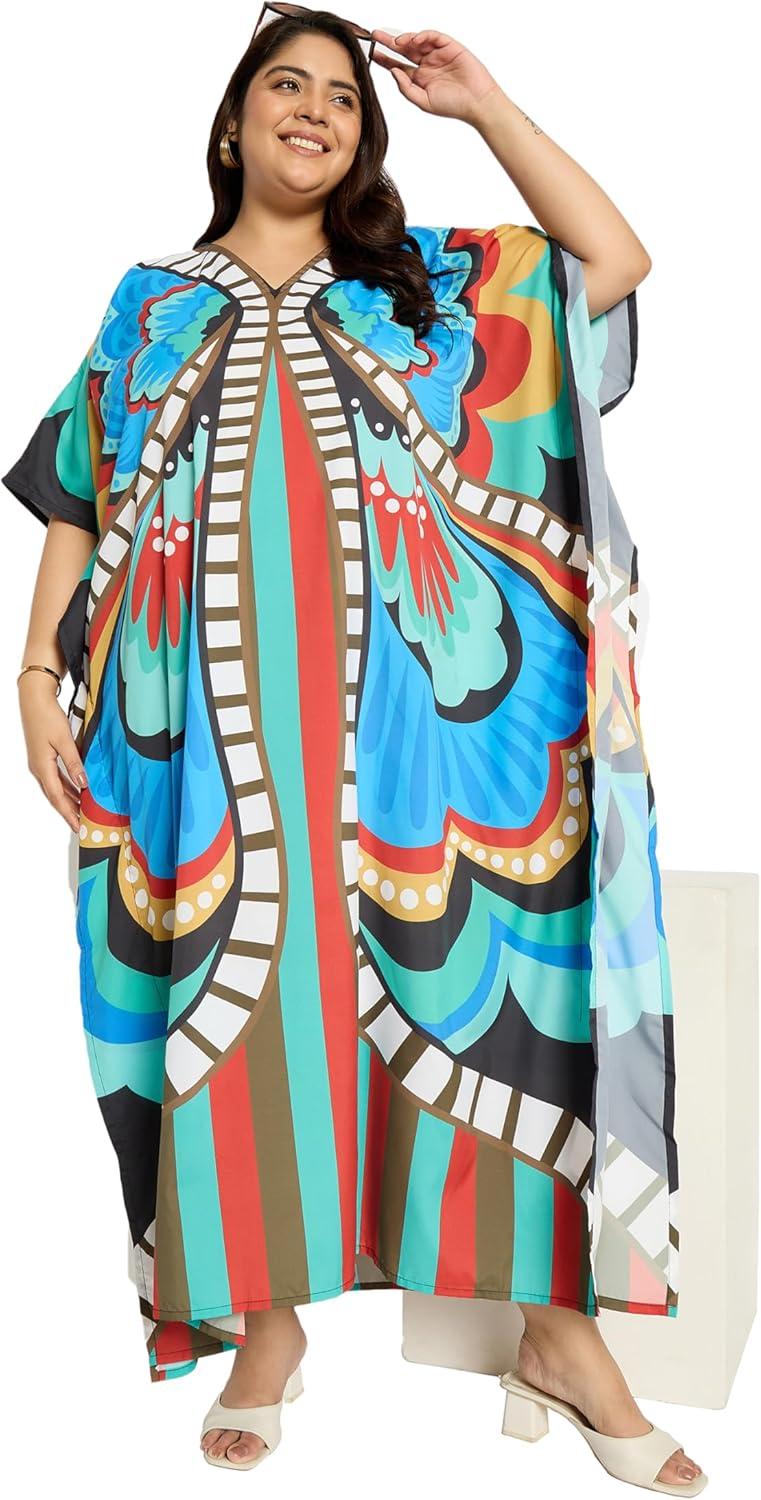imageWomen Plus Size Caftans Polyester Bathing Suit Cover Up Dubai Kaftan Maxi House Dresses for SummerCyan