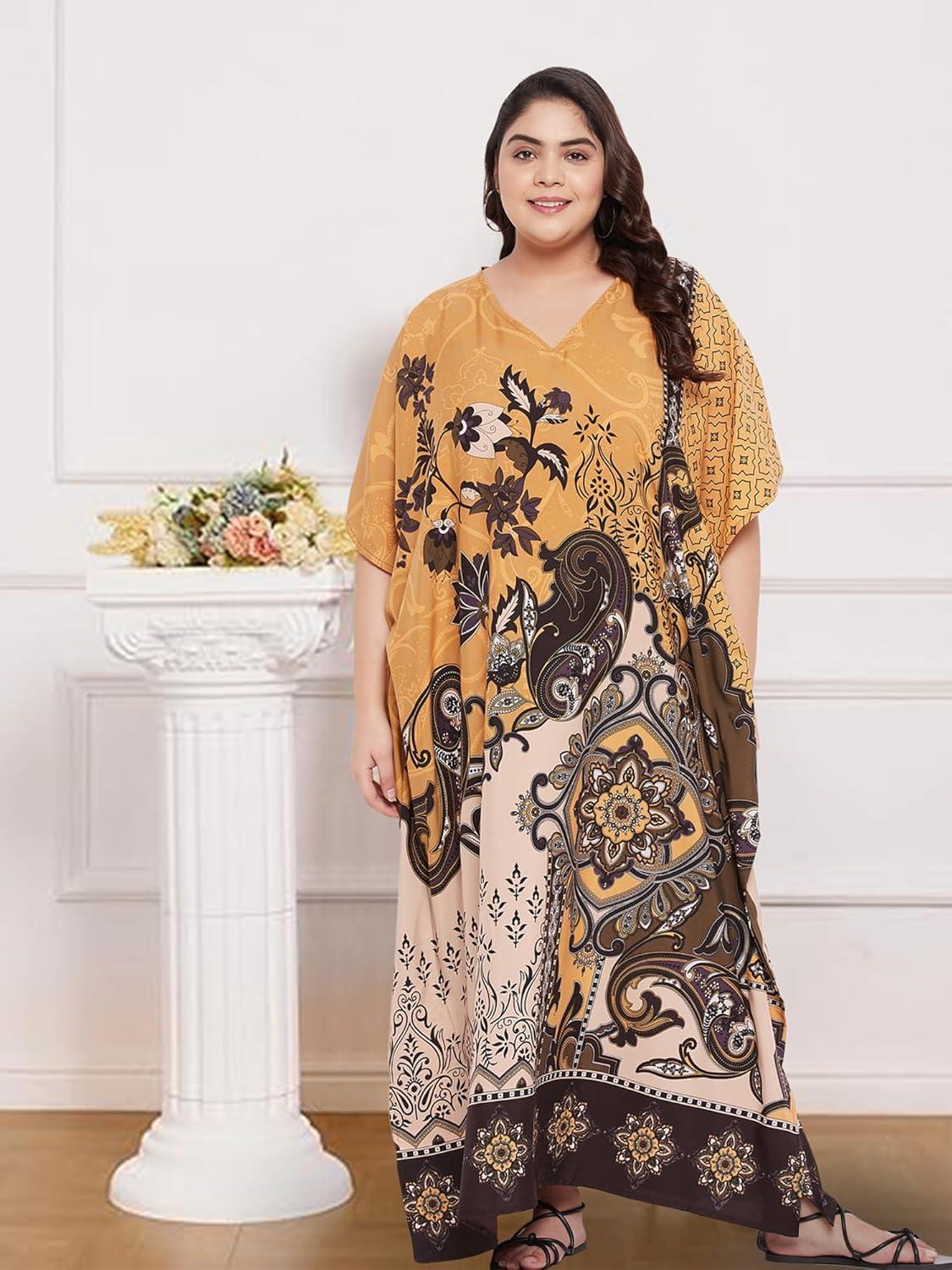 imageWomen Plus Size Caftans Polyester Bathing Suit Cover Up Dubai Kaftan Maxi House Dresses for SummerMustard  Brown