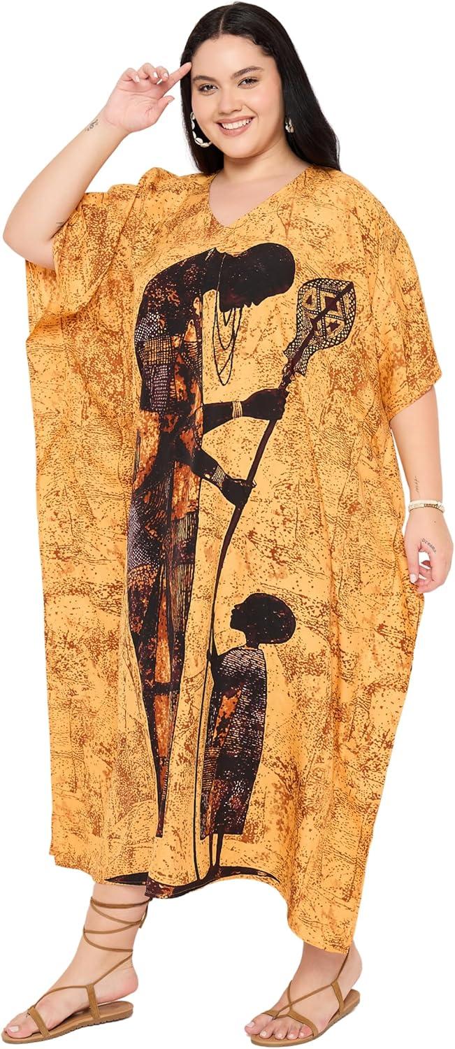 imageWomen Plus Size Caftans Polyester Bathing Suit Cover Up Dubai Kaftan Maxi House Dresses for SummerOrange Lady Tribal