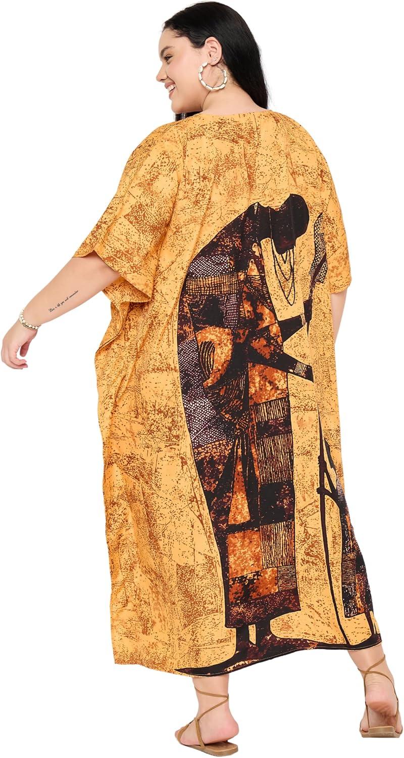 imageWomen Plus Size Caftans Polyester Bathing Suit Cover Up Dubai Kaftan Maxi House Dresses for SummerOrange Lady Tribal