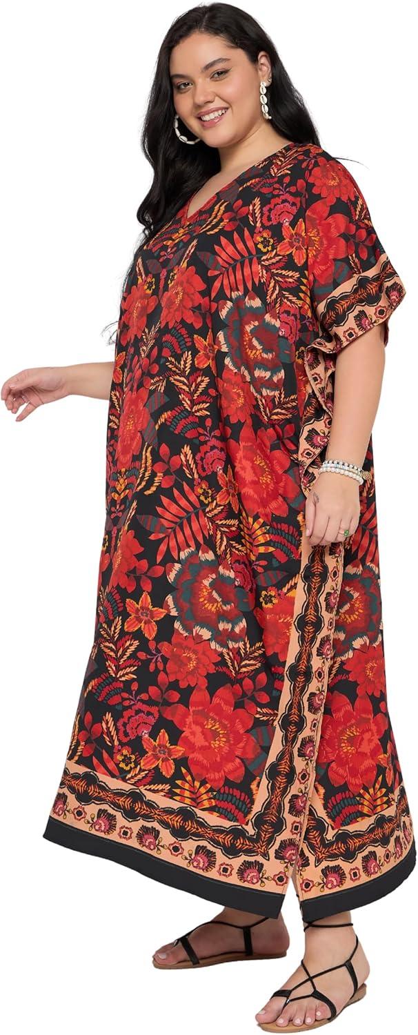 imageWomen Plus Size Caftans Polyester Bathing Suit Cover Up Dubai Kaftan Maxi House Dresses for SummerRed