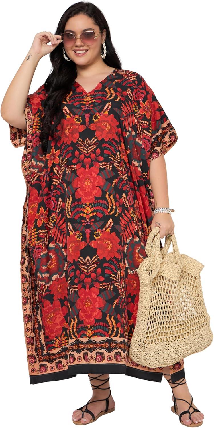 imageWomen Plus Size Caftans Polyester Bathing Suit Cover Up Dubai Kaftan Maxi House Dresses for SummerRed