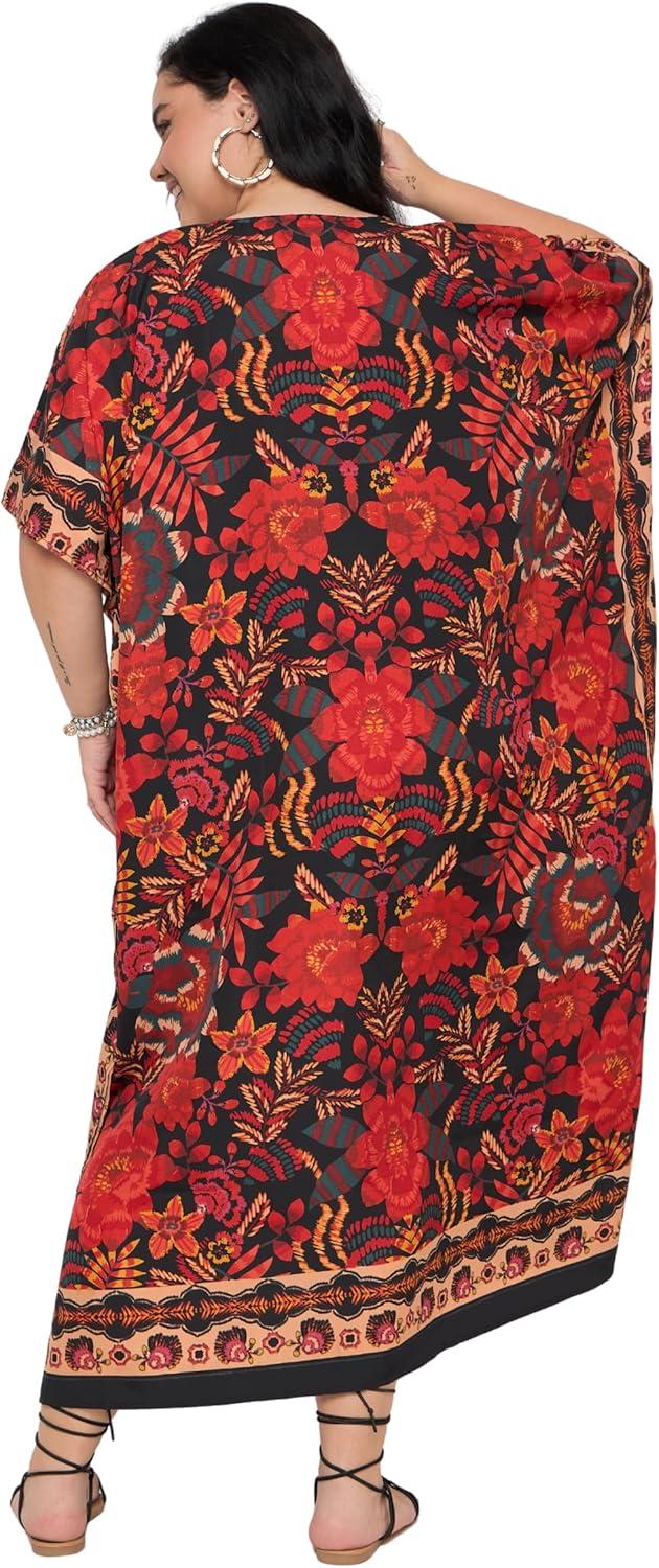 imageWomen Plus Size Caftans Polyester Bathing Suit Cover Up Dubai Kaftan Maxi House Dresses for SummerRed