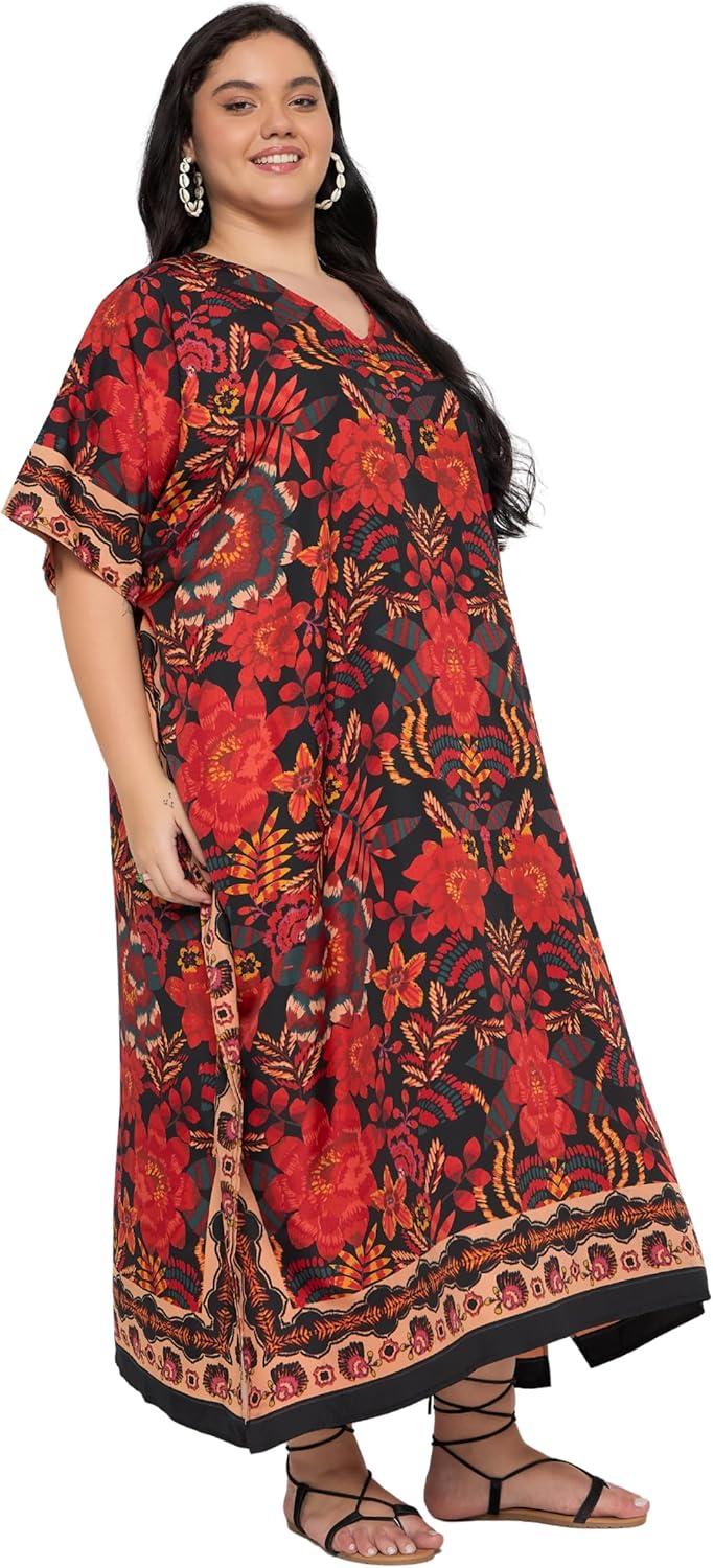 imageWomen Plus Size Caftans Polyester Bathing Suit Cover Up Dubai Kaftan Maxi House Dresses for SummerRed