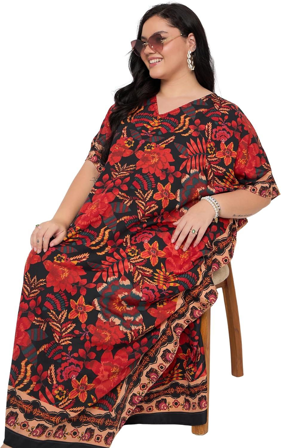 imageWomen Plus Size Caftans Polyester Bathing Suit Cover Up Dubai Kaftan Maxi House Dresses for SummerRed