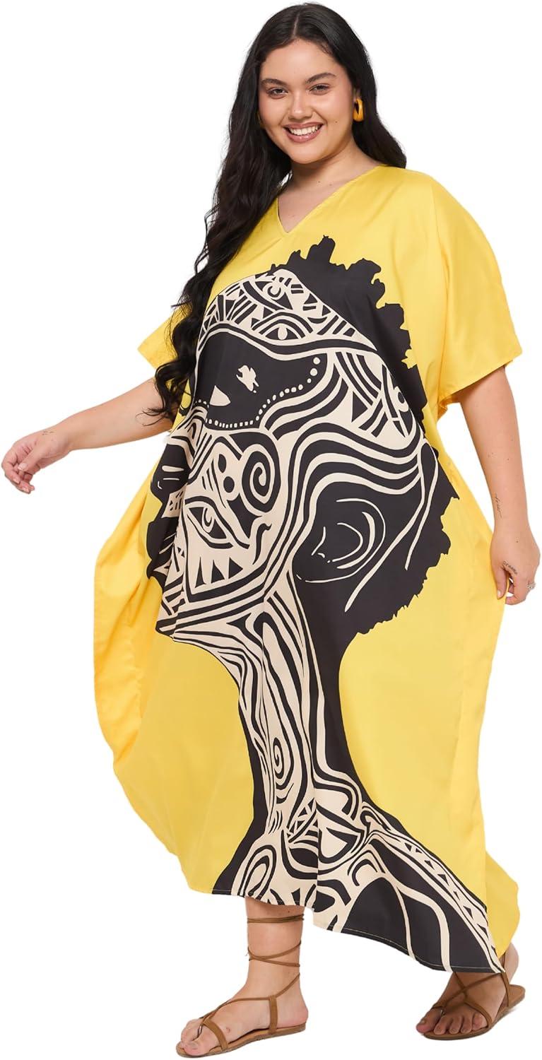 imageWomen Plus Size Caftans Polyester Bathing Suit Cover Up Dubai Kaftan Maxi House Dresses for SummerYellow