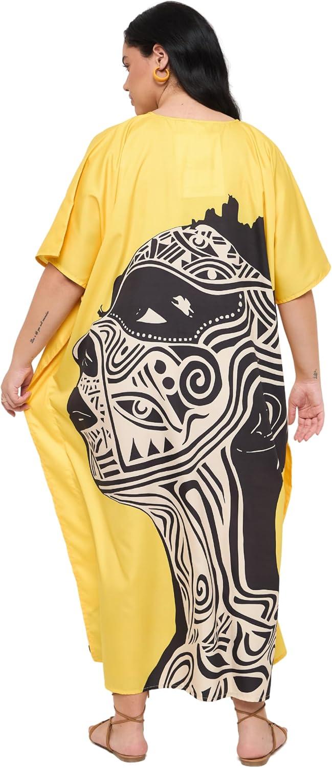 imageWomen Plus Size Caftans Polyester Bathing Suit Cover Up Dubai Kaftan Maxi House Dresses for SummerYellow
