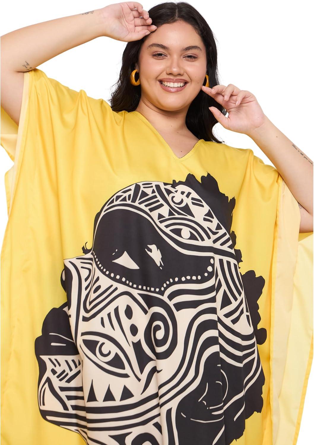 imageWomen Plus Size Caftans Polyester Bathing Suit Cover Up Dubai Kaftan Maxi House Dresses for SummerYellow