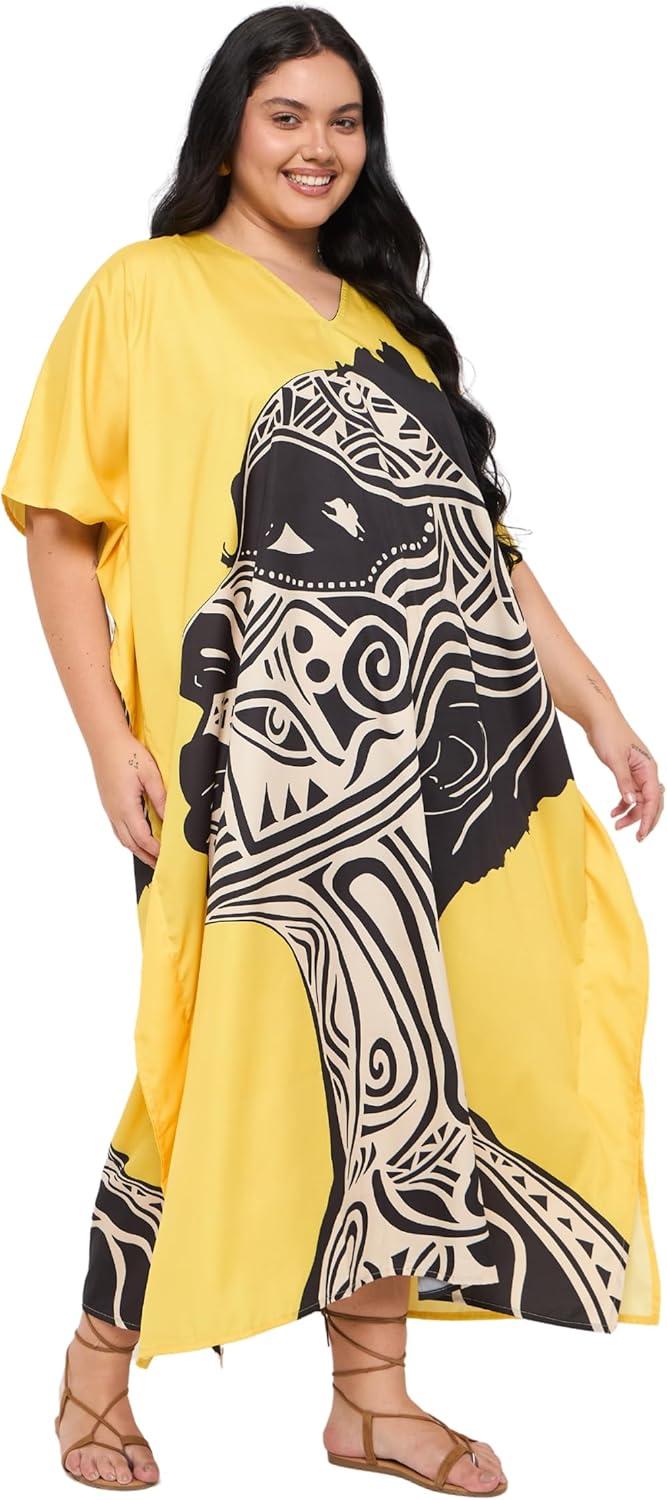 imageWomen Plus Size Caftans Polyester Bathing Suit Cover Up Dubai Kaftan Maxi House Dresses for SummerYellow