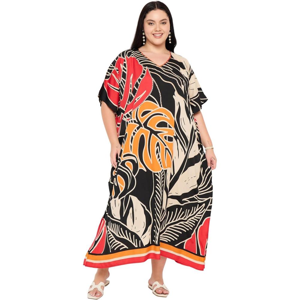 imageCaftans for Women Plus Size Polyester Maxi Beach Dresses Bathing Suit Cover Up Long Kaftan Swimsuit Coverup House DressBlack  Beige Leaf