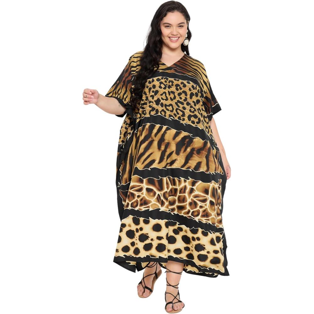imageCaftans for Women Plus Size Polyester Maxi Beach Dresses Bathing Suit Cover Up Long Kaftan Swimsuit Coverup House DressBlack Animal