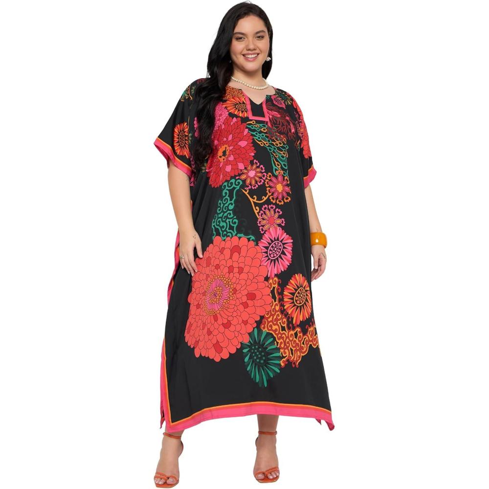imageCaftans for Women Plus Size Polyester Maxi Beach Dresses Bathing Suit Cover Up Long Kaftan Swimsuit Coverup House DressBlack Floral