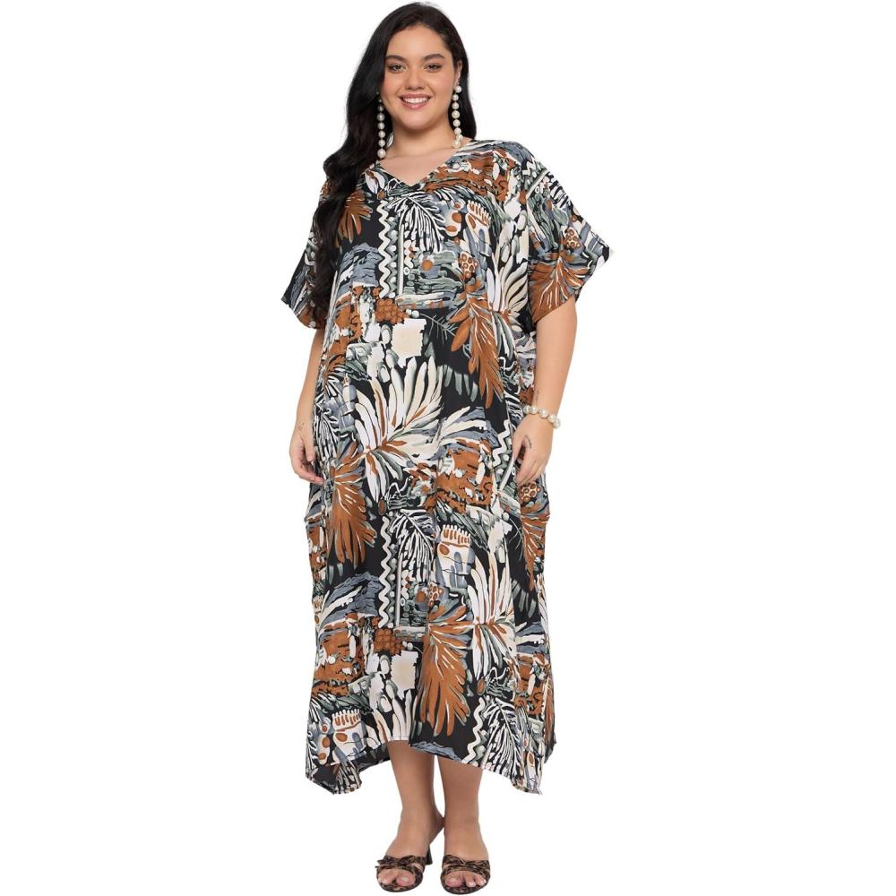 imageCaftans for Women Plus Size Polyester Maxi Beach Dresses Bathing Suit Cover Up Long Kaftan Swimsuit Coverup House DressBlack Tropical Leaf