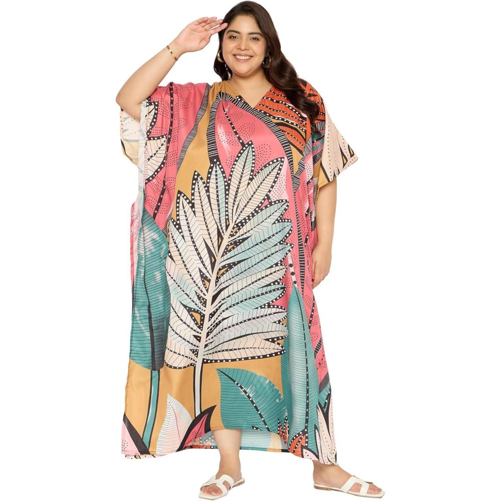 imageCaftans for Women Plus Size Polyester Maxi Beach Dresses Bathing Suit Cover Up Long Kaftan Swimsuit Coverup House DressCoral Pink