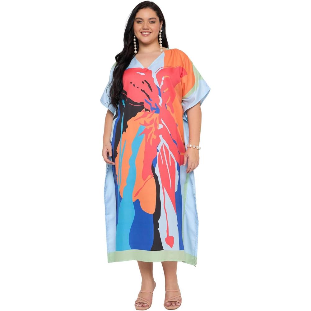 imageCaftans for Women Plus Size Polyester Maxi Beach Dresses Bathing Suit Cover Up Long Kaftan Swimsuit Coverup House DressDusty Rose