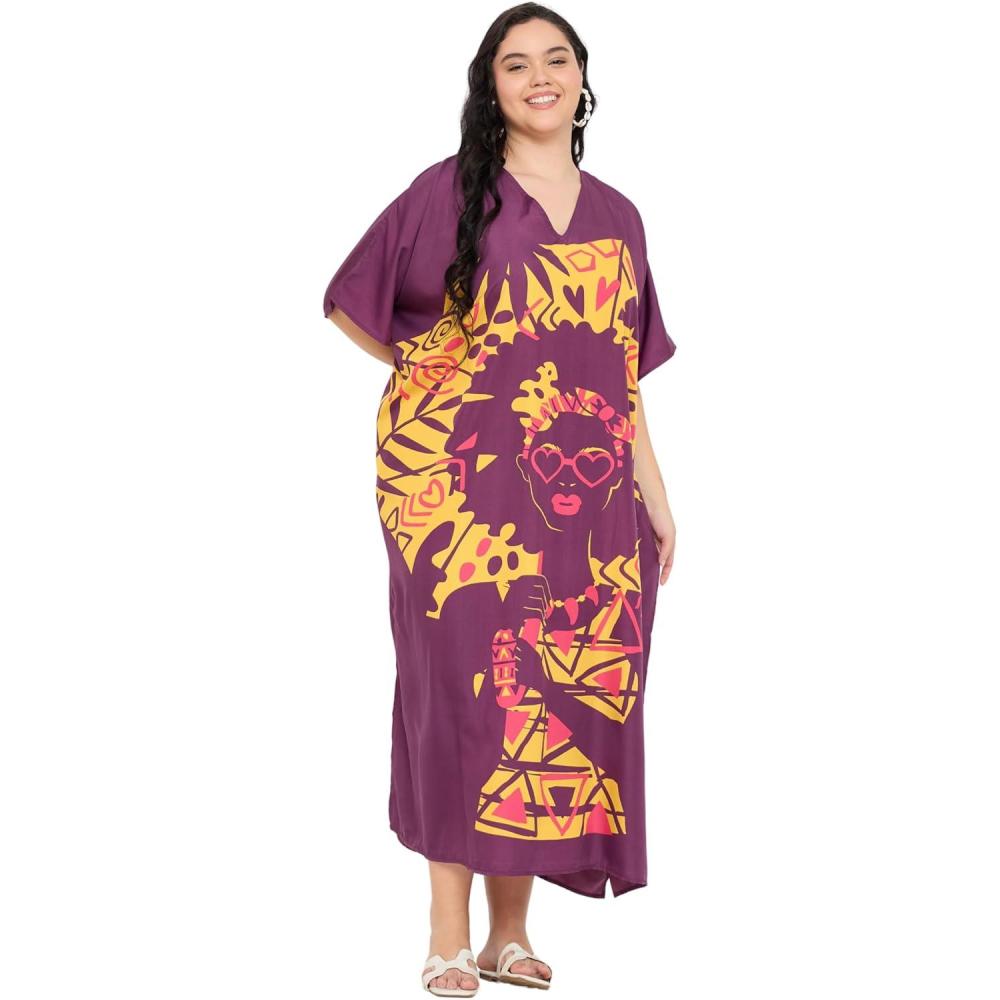 imageCaftans for Women Plus Size Polyester Maxi Beach Dresses Bathing Suit Cover Up Long Kaftan Swimsuit Coverup House DressMaroon