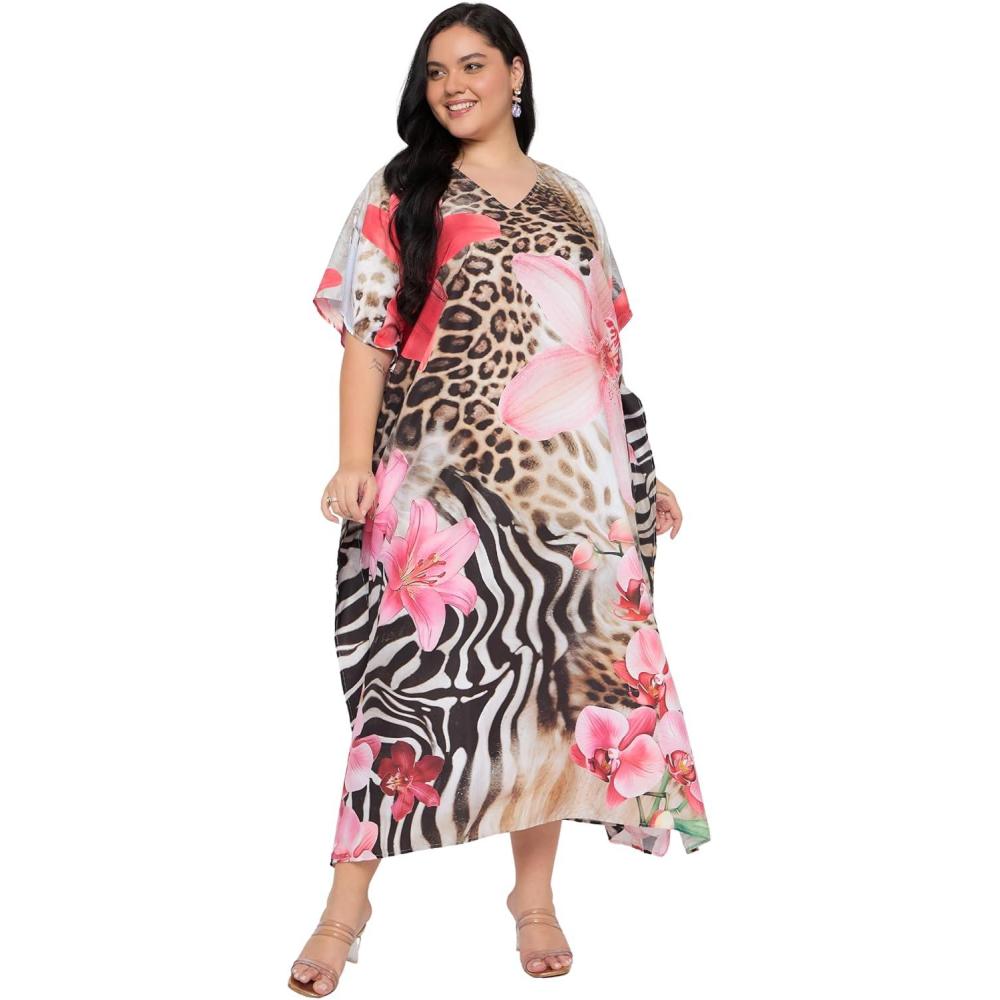 imageCaftans for Women Plus Size Polyester Maxi Beach Dresses Bathing Suit Cover Up Long Kaftan Swimsuit Coverup House DressMulti