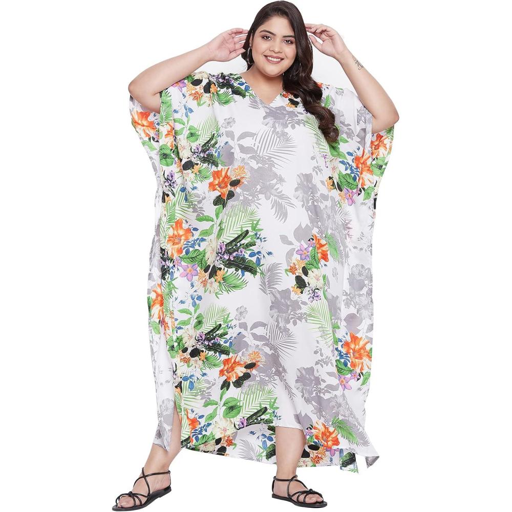 imageCaftans for Women Plus Size Polyester Maxi Beach Dresses Bathing Suit Cover Up Long Kaftan Swimsuit Coverup House DressMulti Color Floral Print