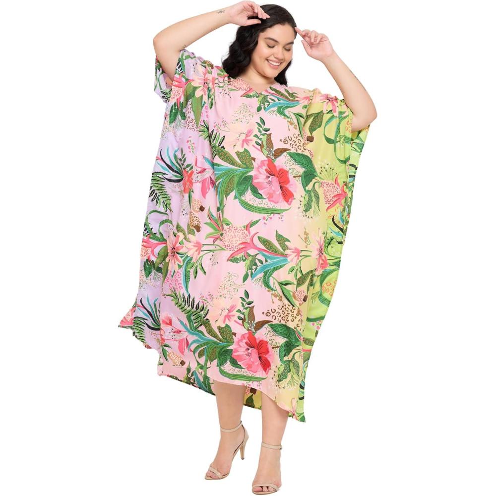 imageCaftans for Women Plus Size Polyester Maxi Beach Dresses Bathing Suit Cover Up Long Kaftan Swimsuit Coverup House DressMulti Leaf