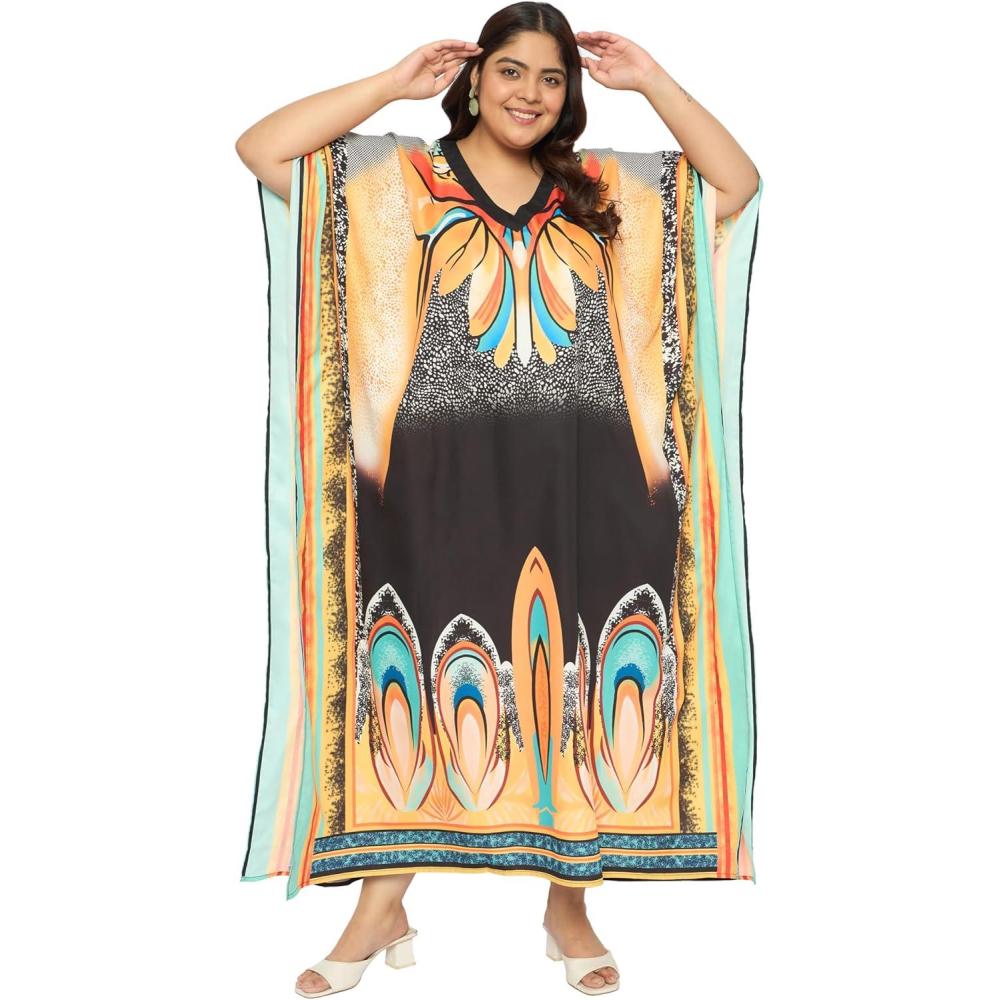 imageCaftans for Women Plus Size Polyester Maxi Beach Dresses Bathing Suit Cover Up Long Kaftan Swimsuit Coverup House DressMulti Plants