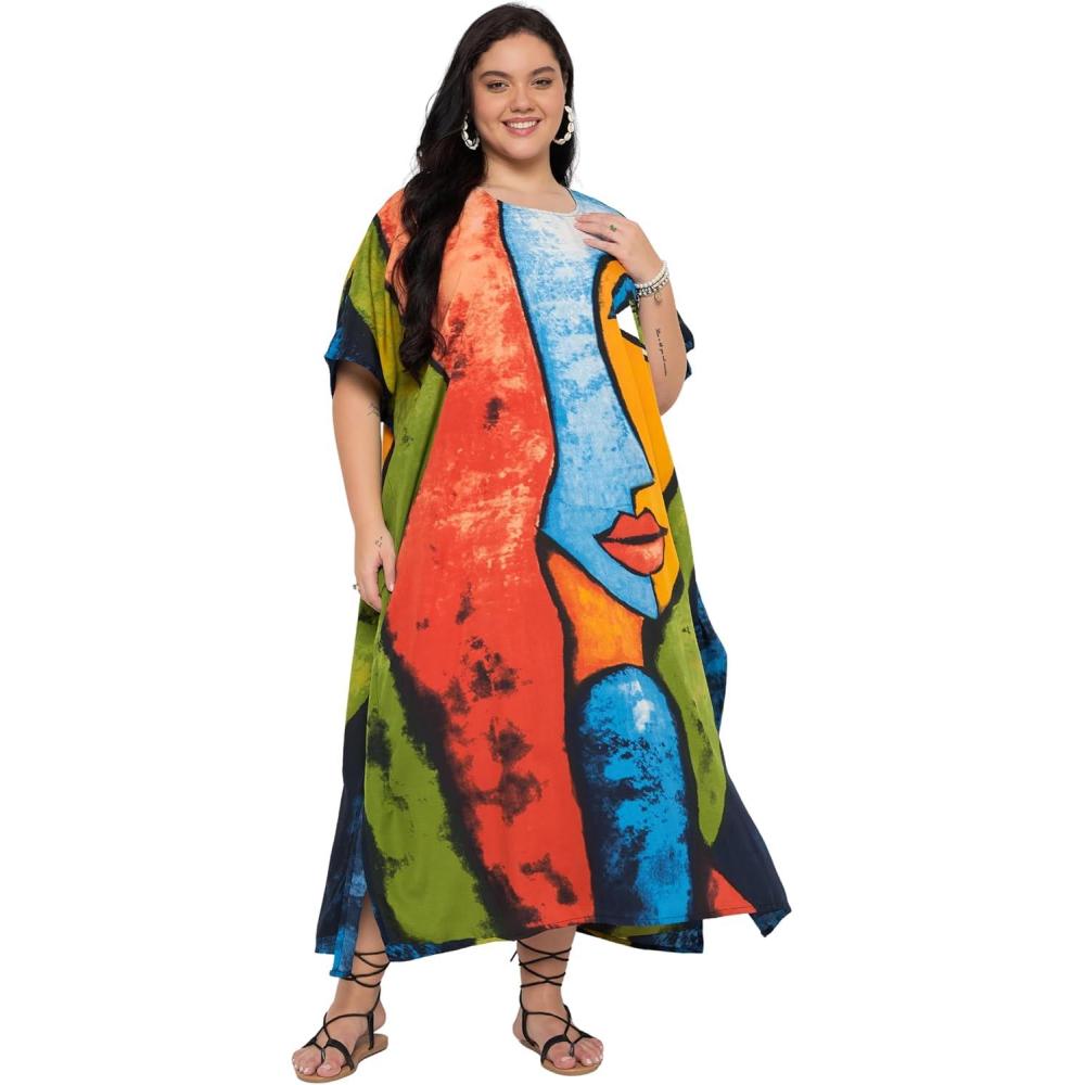 imageCaftans for Women Plus Size Polyester Maxi Beach Dresses Bathing Suit Cover Up Long Kaftan Swimsuit Coverup House DressNavy Blue