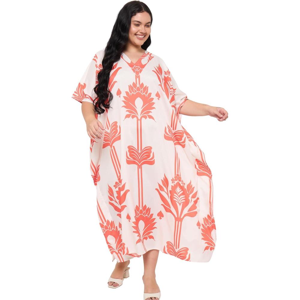 imageCaftans for Women Plus Size Polyester Maxi Beach Dresses Bathing Suit Cover Up Long Kaftan Swimsuit Coverup House DressOrange  White