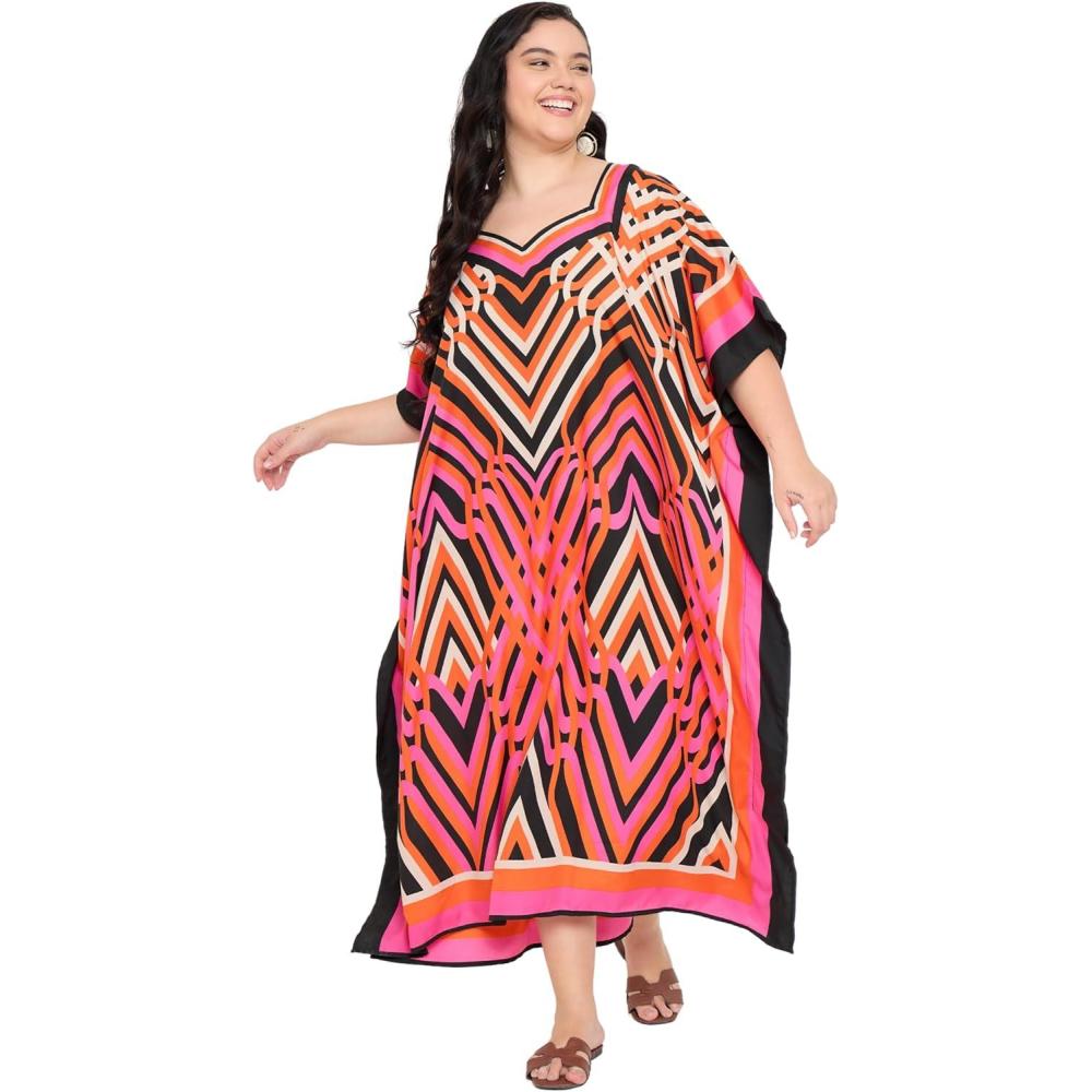 imageCaftans for Women Plus Size Polyester Maxi Beach Dresses Bathing Suit Cover Up Long Kaftan Swimsuit Coverup House DressPink  Black