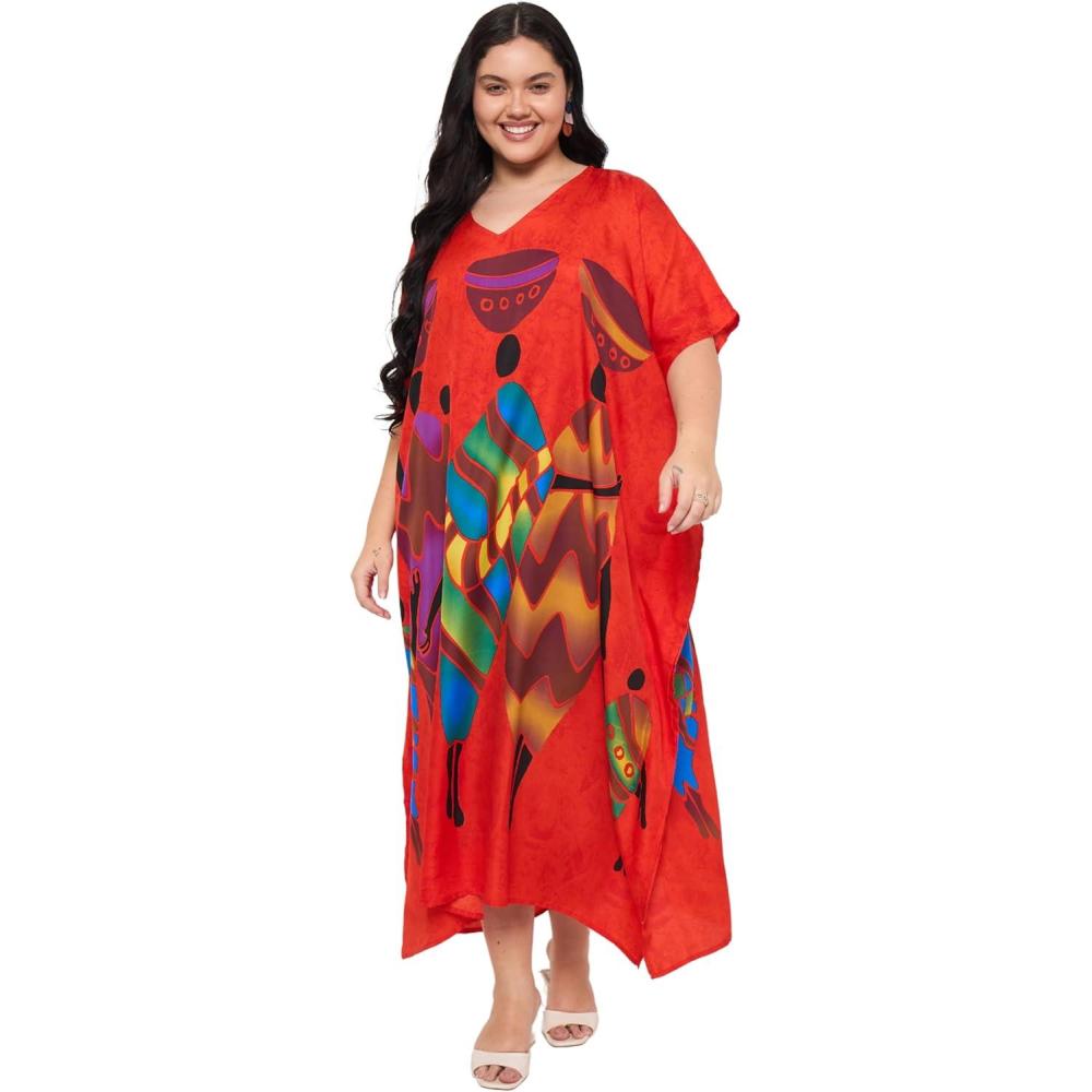 imageCaftans for Women Plus Size Polyester Maxi Beach Dresses Bathing Suit Cover Up Long Kaftan Swimsuit Coverup House DressRed Lady Tribal