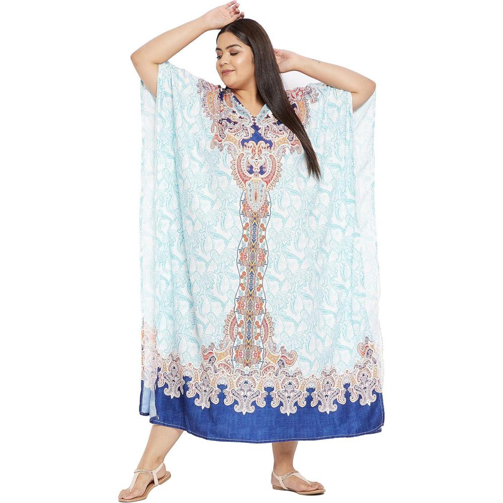 imageCaftans for Women Plus Size Polyester Maxi Beach Dresses Bathing Suit Cover Up Long Kaftan Swimsuit Coverup House DressWhite Paisley  Floral