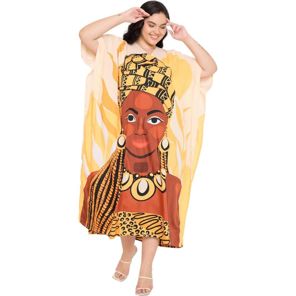 imageCaftans for Women Plus Size Polyester Maxi Beach Dresses Bathing Suit Cover Up Long Kaftan Swimsuit Coverup House DressYellow