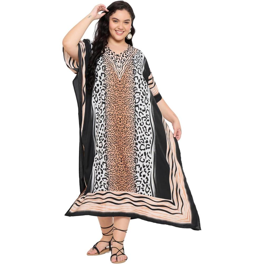 imageWomen Plus Size Caftans Polyester Bathing Suit Cover Up Dubai Kaftan Maxi House Dresses for SummerBeige