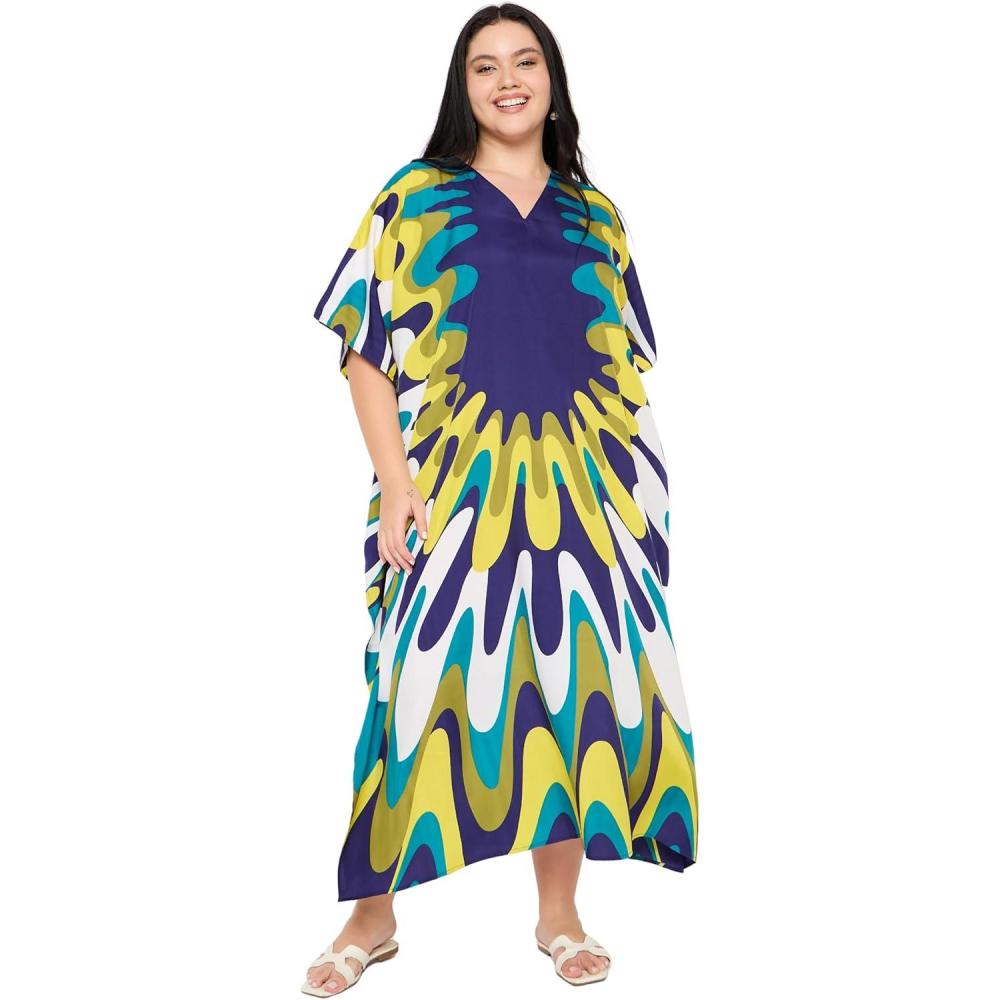 imageWomen Plus Size Caftans Polyester Bathing Suit Cover Up Dubai Kaftan Maxi House Dresses for SummerBlue  White