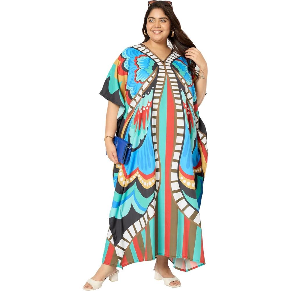 imageWomen Plus Size Caftans Polyester Bathing Suit Cover Up Dubai Kaftan Maxi House Dresses for SummerCyan