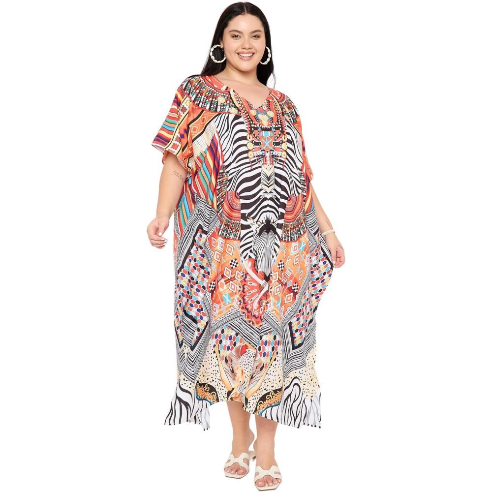 imageWomen Plus Size Caftans Polyester Bathing Suit Cover Up Dubai Kaftan Maxi House Dresses for SummerWhite