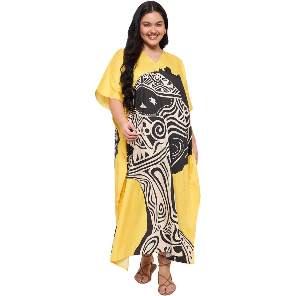 imageWomen Plus Size Caftans Polyester Bathing Suit Cover Up Dubai Kaftan Maxi House Dresses for SummerYellow