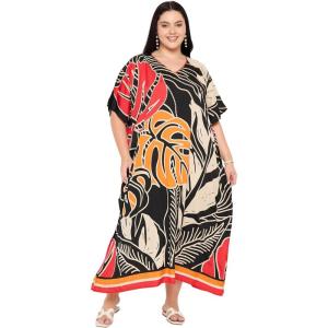 imageCaftans for Women Plus Size Polyester Maxi Beach Dresses Bathing Suit Cover Up Long Kaftan Swimsuit Coverup House DressBlack  Beige Leaf