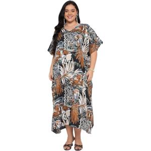 imageCaftans for Women Plus Size Polyester Maxi Beach Dresses Bathing Suit Cover Up Long Kaftan Swimsuit Coverup House DressBlack Tropical Leaf