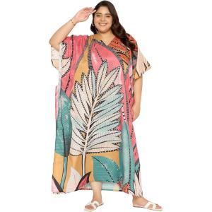 imageCaftans for Women Plus Size Polyester Maxi Beach Dresses Bathing Suit Cover Up Long Kaftan Swimsuit Coverup House DressCoral Pink