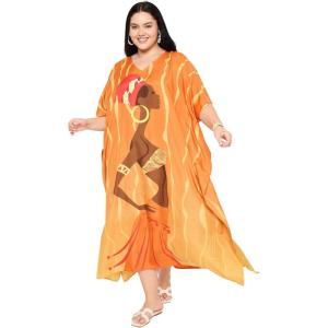 imageCaftans for Women Plus Size Polyester Maxi Beach Dresses Bathing Suit Cover Up Long Kaftan Swimsuit Coverup House DressOrange
