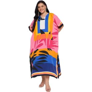 imageCaftans for Women Plus Size Polyester Maxi Beach Dresses Bathing Suit Cover Up Long Kaftan Swimsuit Coverup House DressPink